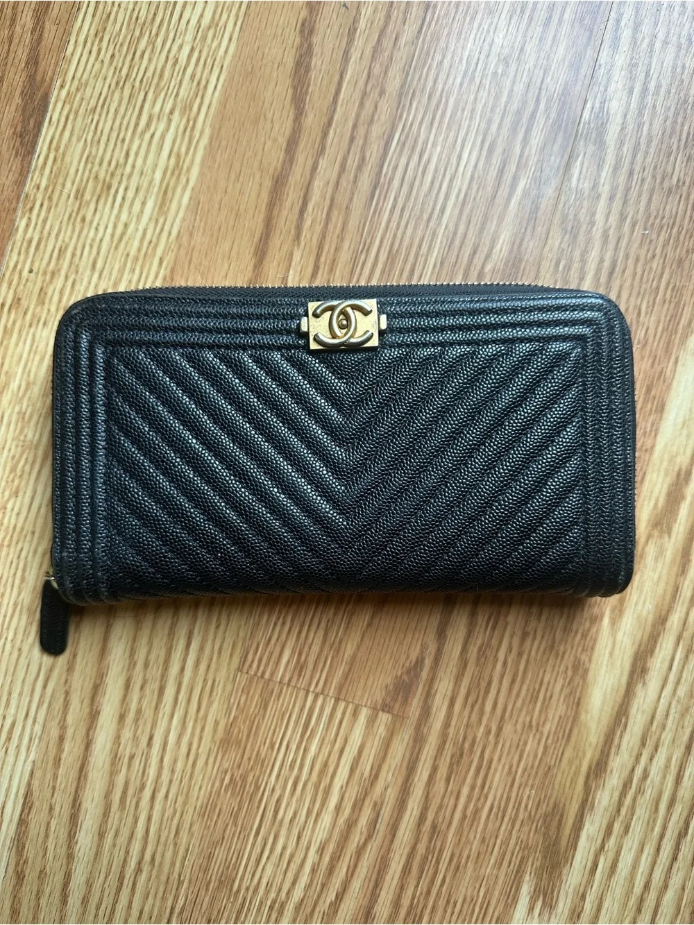 Chanel Black Quilted Zip Around Wallet with Gold CC Logo